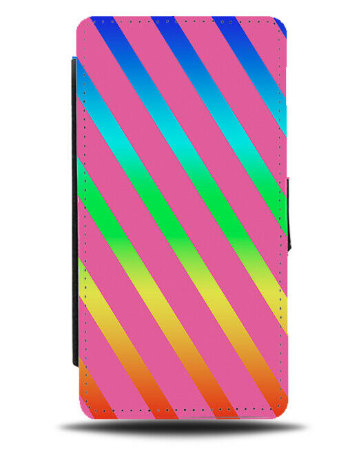 Hot Pink & Multicoloured Striped Flip Cover Wallet Phone Case Multi Colour i881