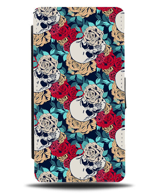 Floral Skulls Flip Wallet Case Pattern Design Roses Skull Heads Faces K829