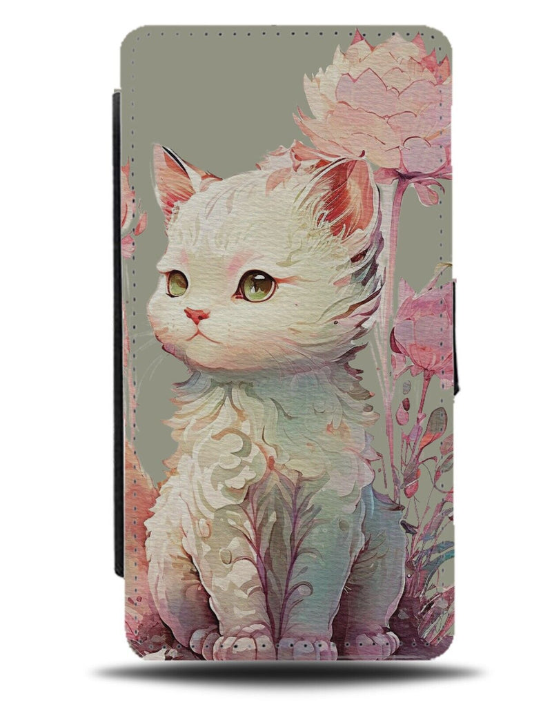 Grey and Pink Artistic Baby Kitten Flip Wallet Case White Cat Floral Flower BE12
