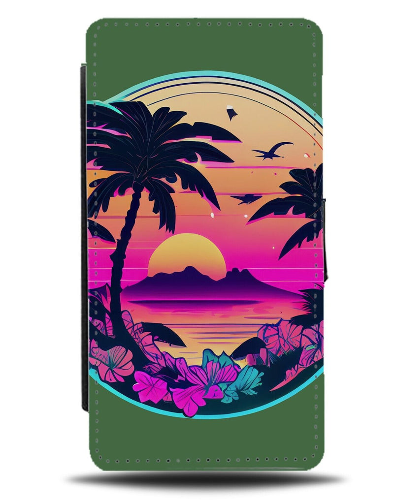 Beach Vapour Wave Silhouettes Flip Wallet Case Beaches Palm Tree Retro Sun AZ66