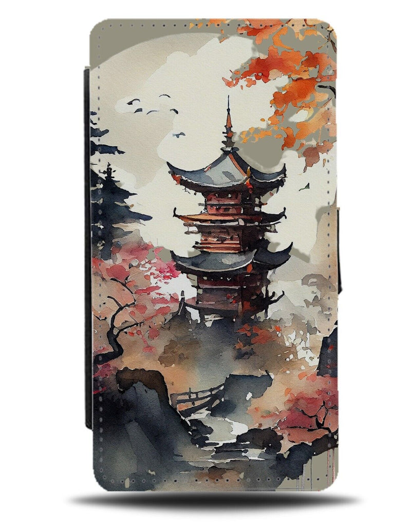 Japanese Landscape Watercolor Flip Wallet Case Japan Temple Shrine Scene AU64