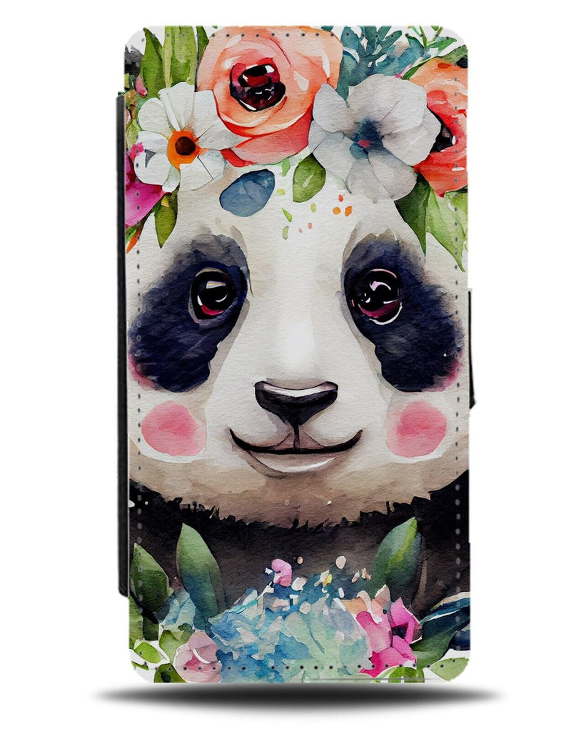 Flowery Panda Face Flip Wallet Case Giant Pandas Flowers Princess Royal AX88