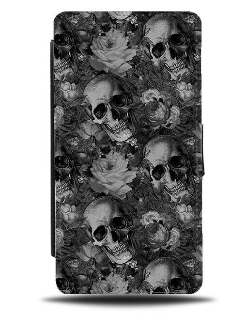 Dark Grey and Black Skulls and Flowers Flip Wallet Case Floral Skull Roses G053