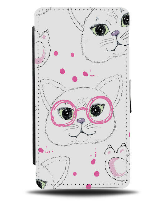 White and Hot Pink Cat In Funny Glasses Flip Wallet Case Design Picture F448