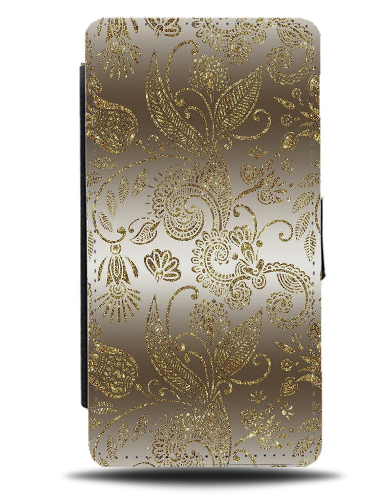 Printed Gold Glitter Design Flowers Flip Wallet Case Floral Paisley Silver AS16