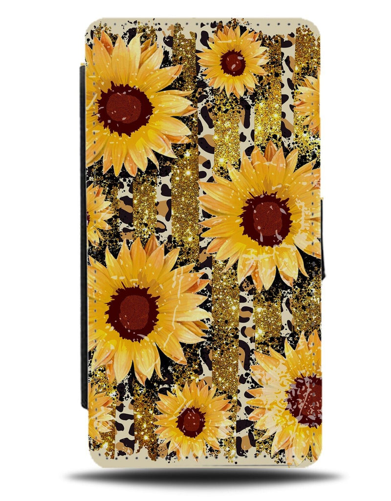 Gold Sunflower Leopard Skin Pattern Flip Wallet Case Printed Glitter Effect CR05