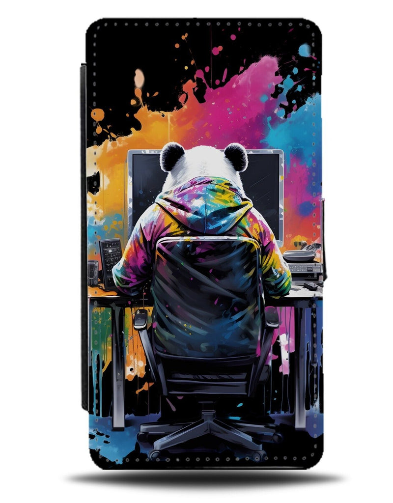 Panda Computer Hacker Flip Wallet Case Gaming Gamer PC Funny Office Worker DA33