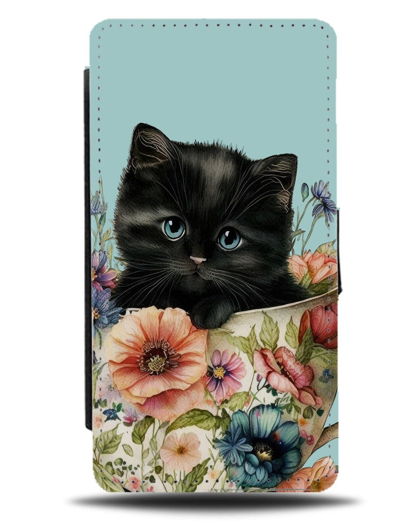 Black Kitten In Vintage Old Lady Teacup Flip Wallet Case Tea Cup Funny Cute BB70