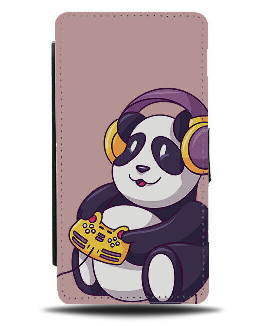 Panda Bear Gaming Cartoon Flip Wallet Case Playing Video Games Funny Gift J429