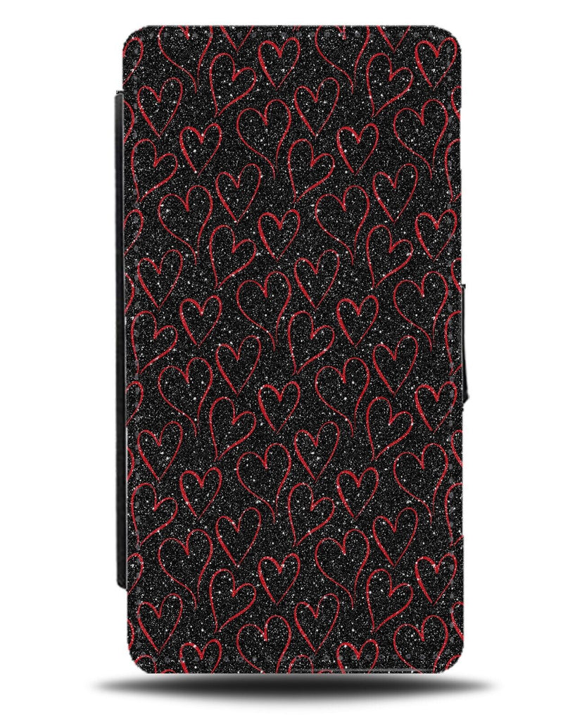 Black and Red Love Heart Symbols Flip Wallet Case Shapes Glitter Print Gift CE66
