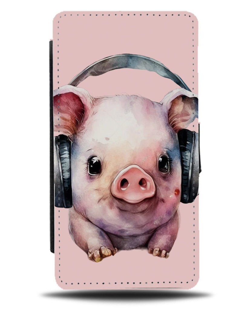Funny Watercolour Pig In Headphones Painting Flip Wallet Case Pigs DJ Pink AC42