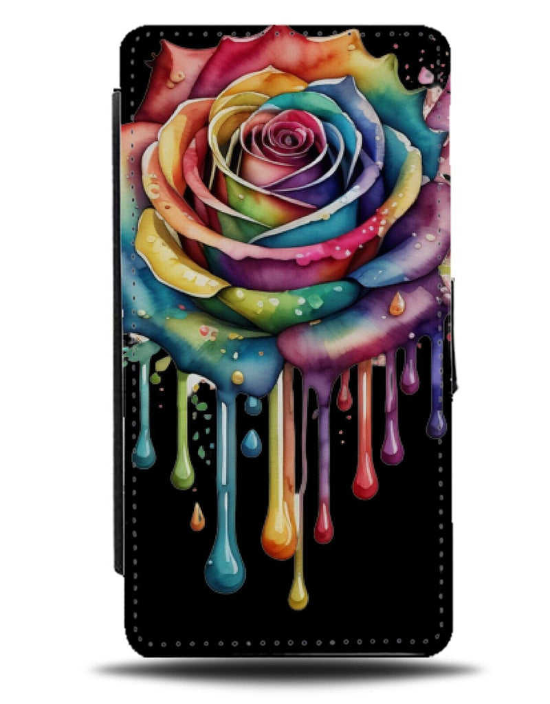Colourful Dripping Rose Artwork Flip Wallet Case Roses Flower Rainbow Paint CI24
