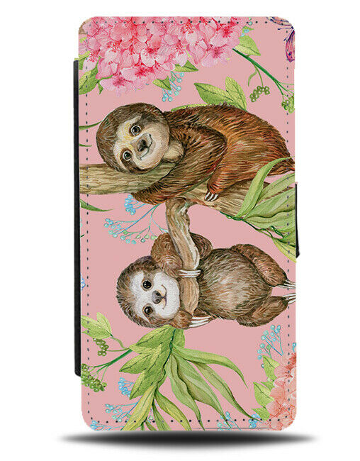 Pink Sloth Painting Flip Wallet Case Colourful Leaves Leaf Flowers Roses G305