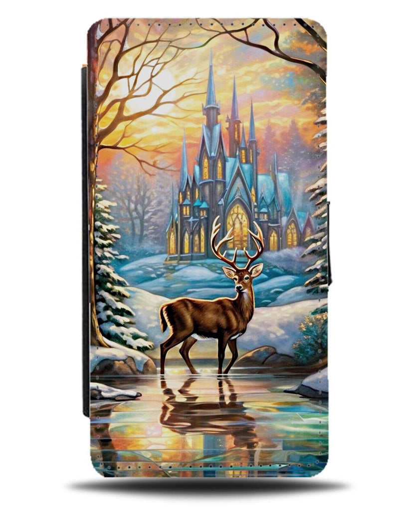 Wintery Deer With Castle Flip Wallet Case Christmas Scene Festive Winter DD05