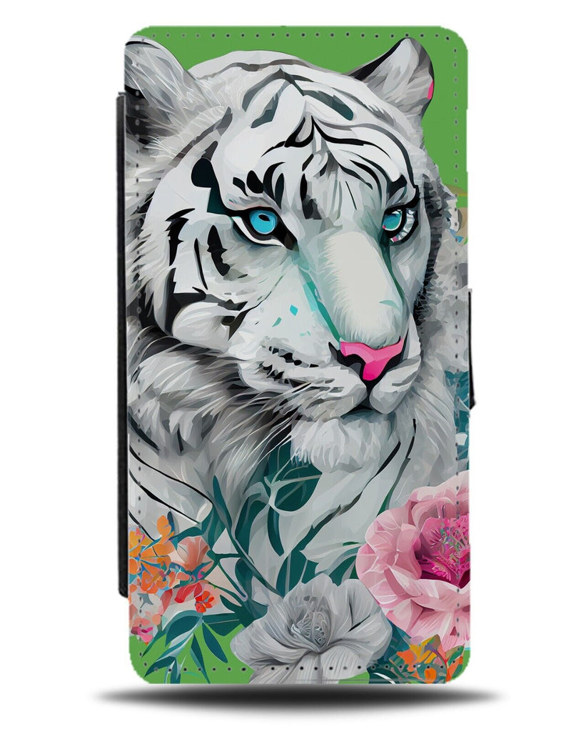 Floral White Tiger Face Flip Wallet Case Tigers Head Coloured Albino Blue DG87