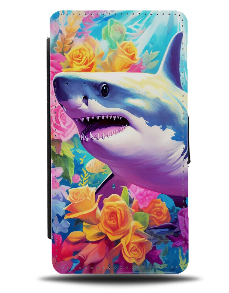 Colourful Floral Great White Shark Flip Wallet Case Sharks Flowers Roses CE03