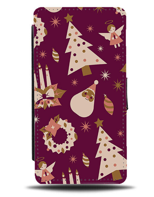 Dark Violet Purple Christmas Pattern Flip Wallet Case Design Santa Xmas N766