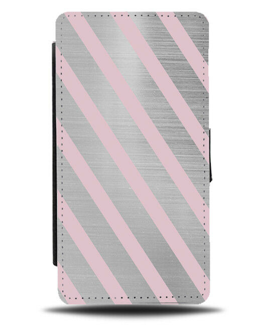 Silver & Baby Pink Striped Flip Cover Wallet Phone Case Stripey Design Grey i825