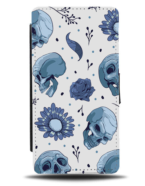 Skull and Flowers Pattern Flip Wallet Case Design Floral Flower Blue Daisy N573