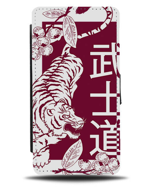 Marroon & White Tiger Flip Wallet Phone Case Chinese Symbols Writing Tigers E413