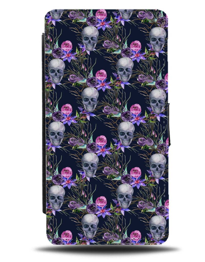 Grunge Skulls Pattern Flip Wallet Case Skull Flower Floral Goth Purple AT08