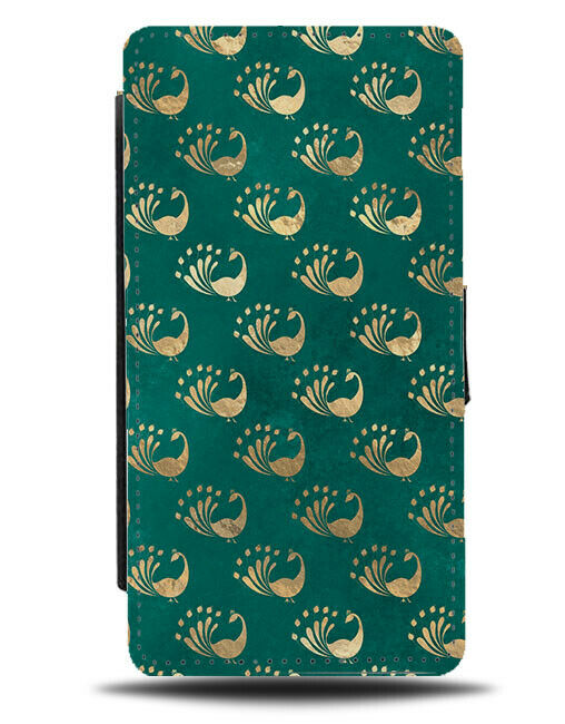 Stylish Peacock Symbols Flip Wallet Case Birds Outlines Silhouettes Gold L005