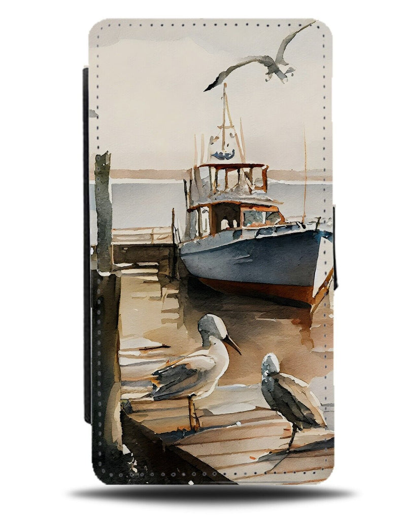 Watercolour Fishing Boat On Pier Flip Wallet Case Boat Sea Gull Seagulls AV06