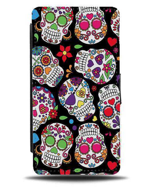 Black and Colourful Sugar Skulls Flip Wallet Case Skull Mexican Floral G592