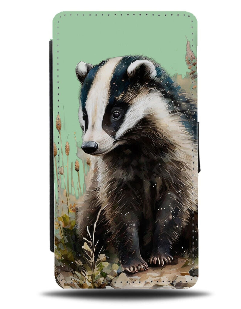 Lime Green Badger Watercolour Painting Flip Wallet Case Badgers Animal Wild CY91