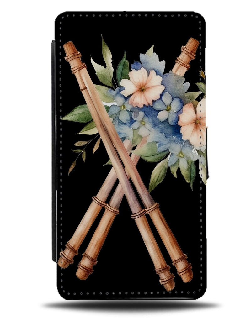 Drum Sticks Flip Wallet Case Drums Drumstick Flowers Black Drummer Stick DC49