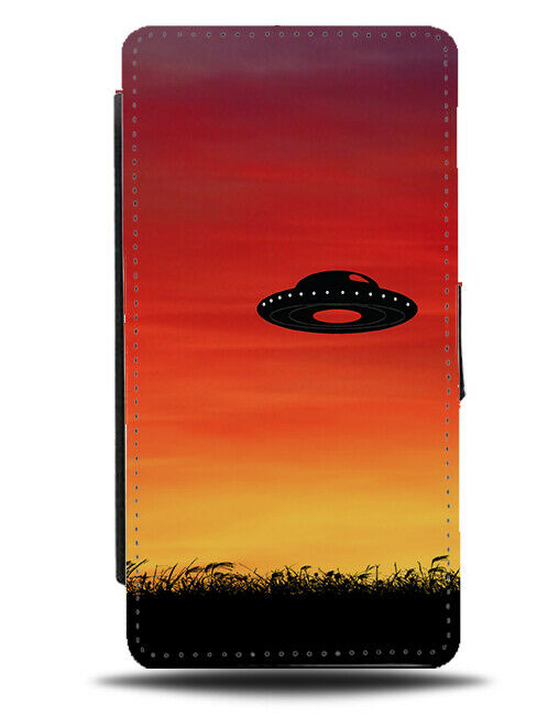 UFO Silhouette Flip Cover Wallet Phone Case UFOs Aliens Alien Sunset Space i257