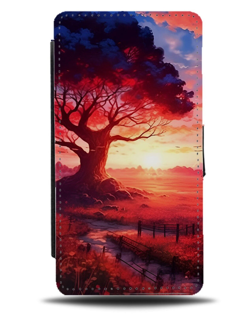 Sunrise Flip Wallet Case Sunset Country Field Behind Tree Nature Painting CT29