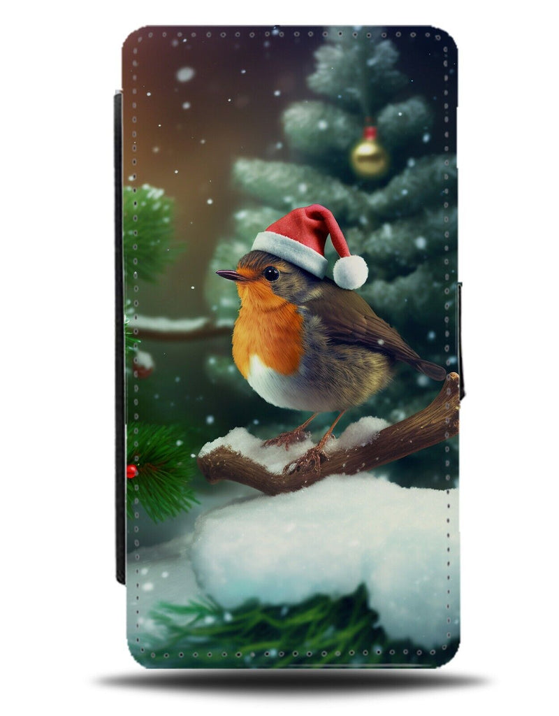 Christmas Red Robin Flip Wallet Case In Santa Hat Robins Card Photo Picture CL97