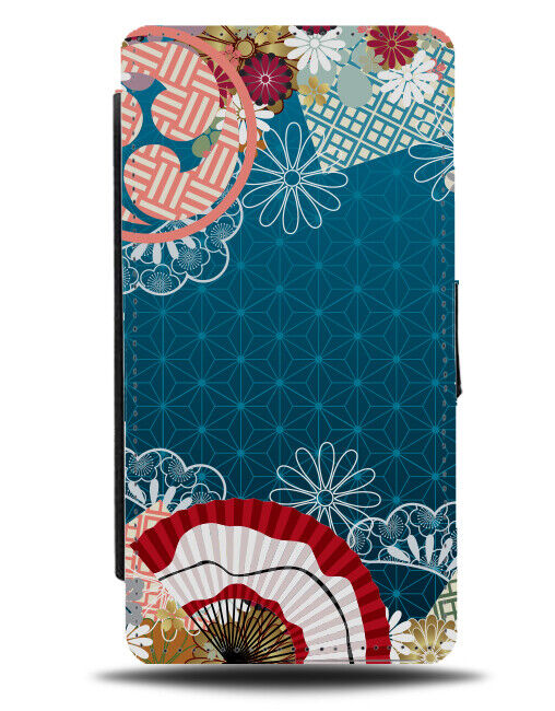 Japanese Oriental Blue Pattern Flip Wallet Case Fan Fans Symbols E604