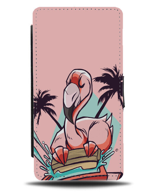 Baby Pink Coloured Flamingo Flip Wallet Case Design Palm Tree Silhouette J398