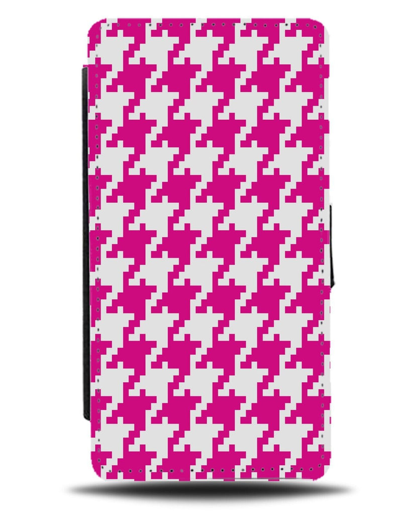 Hot Pink and White Houndstooth Pattern Flip Wallet Case Dogtooth Design AT93