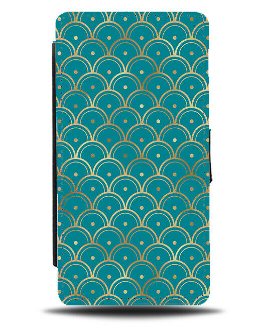 Curved Golden Lining Trim and Turquoise Green Print Flip Wallet Case Gold G280