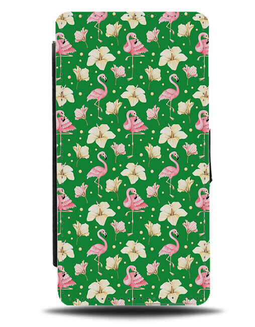 Green Flamingos Pattern Flip Wallet Case Flamingo Shapes Pink Lilies Floral AA21