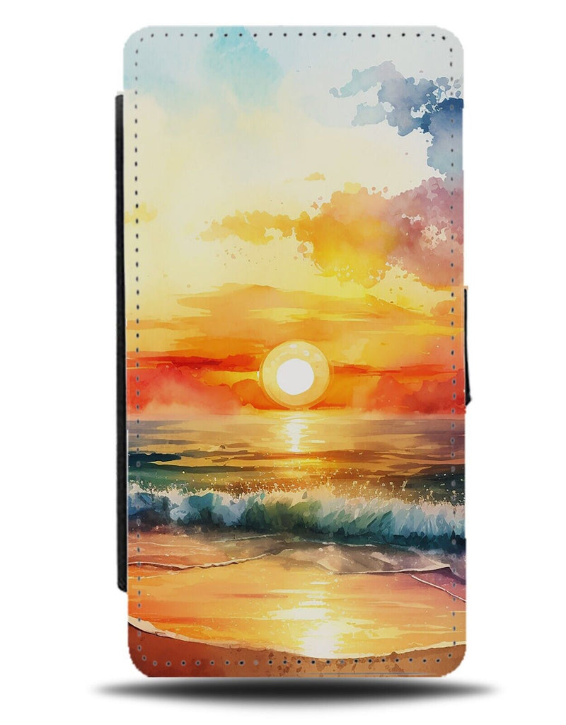 Watercolour Sunset Over Ocean Picture Painting Flip Wallet Case Oil Sea BE68