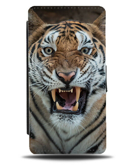 Angry Tiger Face Flip Cover Wallet Phone Case Tigers Teeth Growling Funny si540
