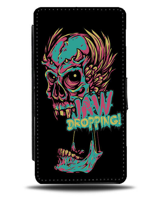 Bright Neon Coloured Jaw Dropping Skull Print Flip Wallet Phone Case Fire E277