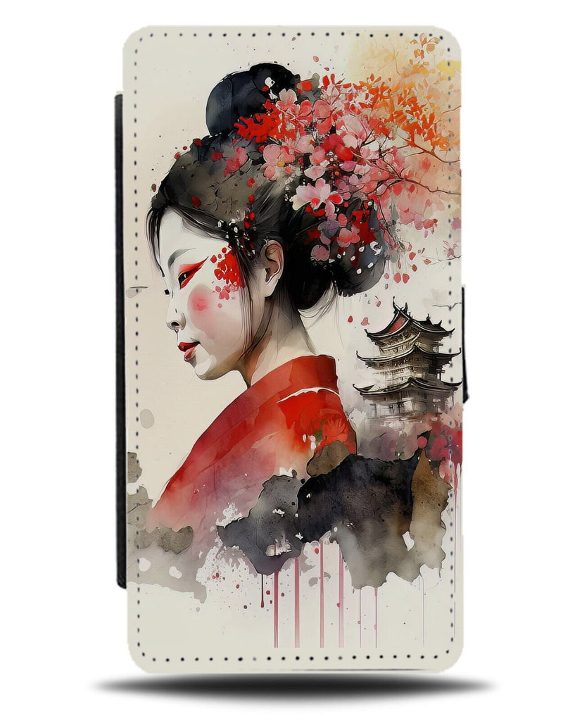 Japanese Lady And Buildings Flip Wallet Case Building Temple Ladies Face BE18