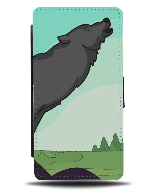 Howling Wolf Cartoon Picture Flip Wallet Case Illustration Wild Scene View K452