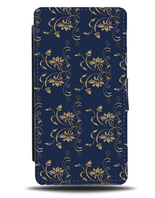 Navy Blue and Gold Floral Pattern Flip Wallet Case Tribal Golden Leaves E585