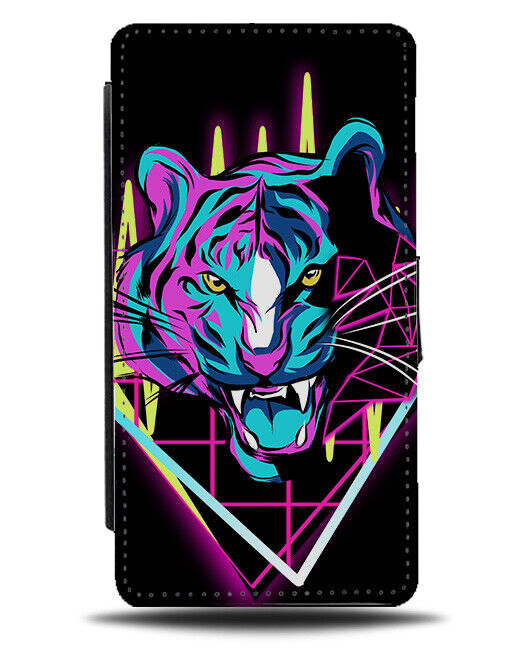 Neon Coloured Tiger Head Flip Wallet Case Colour 80s Eighties Animal K341
