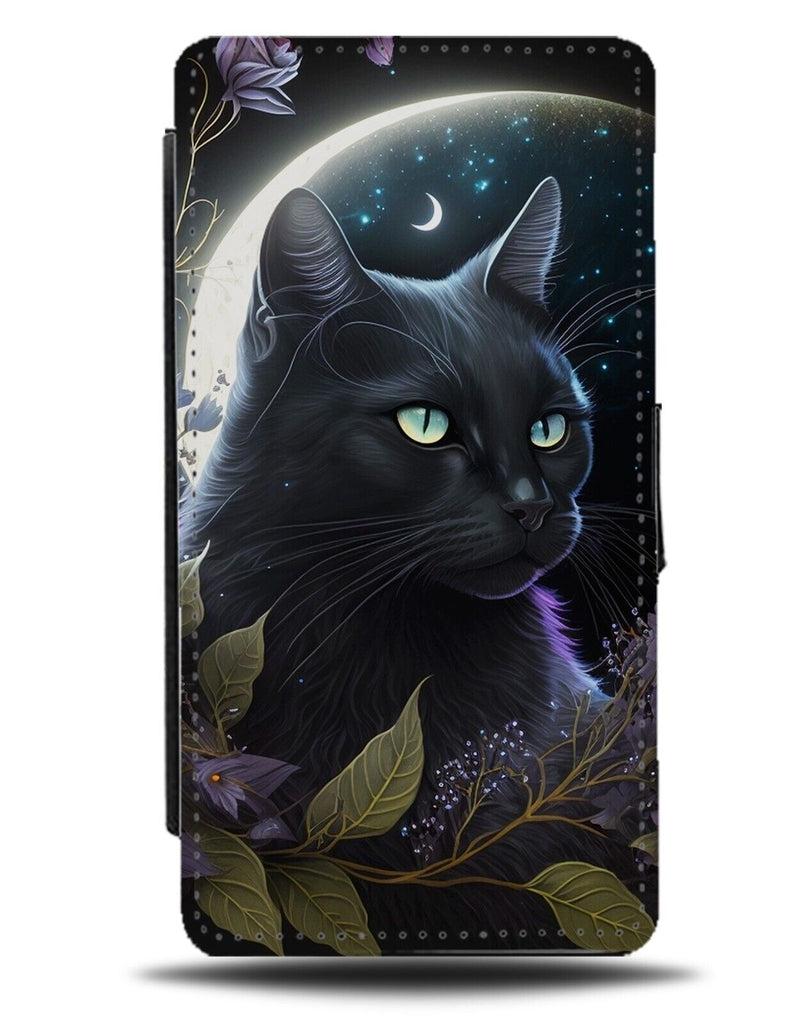 Magic Black Cat Flip Wallet Case Witch Witches Halloween Full Moon Space DE70
