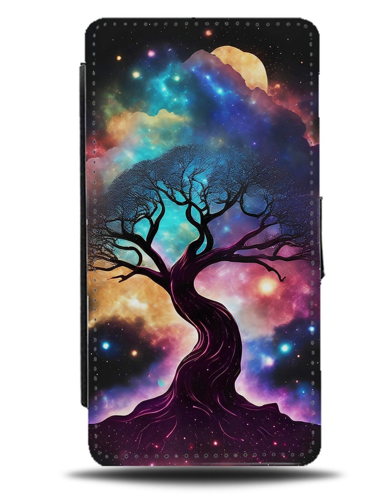 Tree Of Life Flip Wallet Case Stars Galaxy Space Bonsai Shape Silhouette CA63