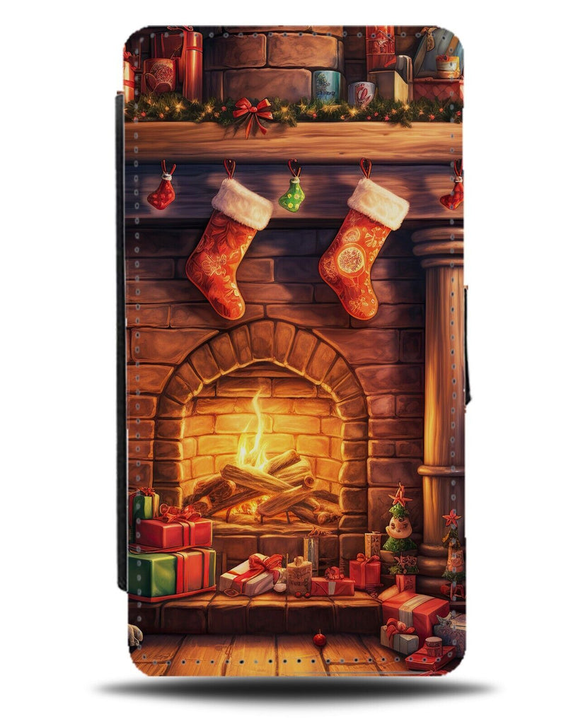 Christmas Stocking Over Fireplace Flip Wallet Case Festive Stockings Photo DE07