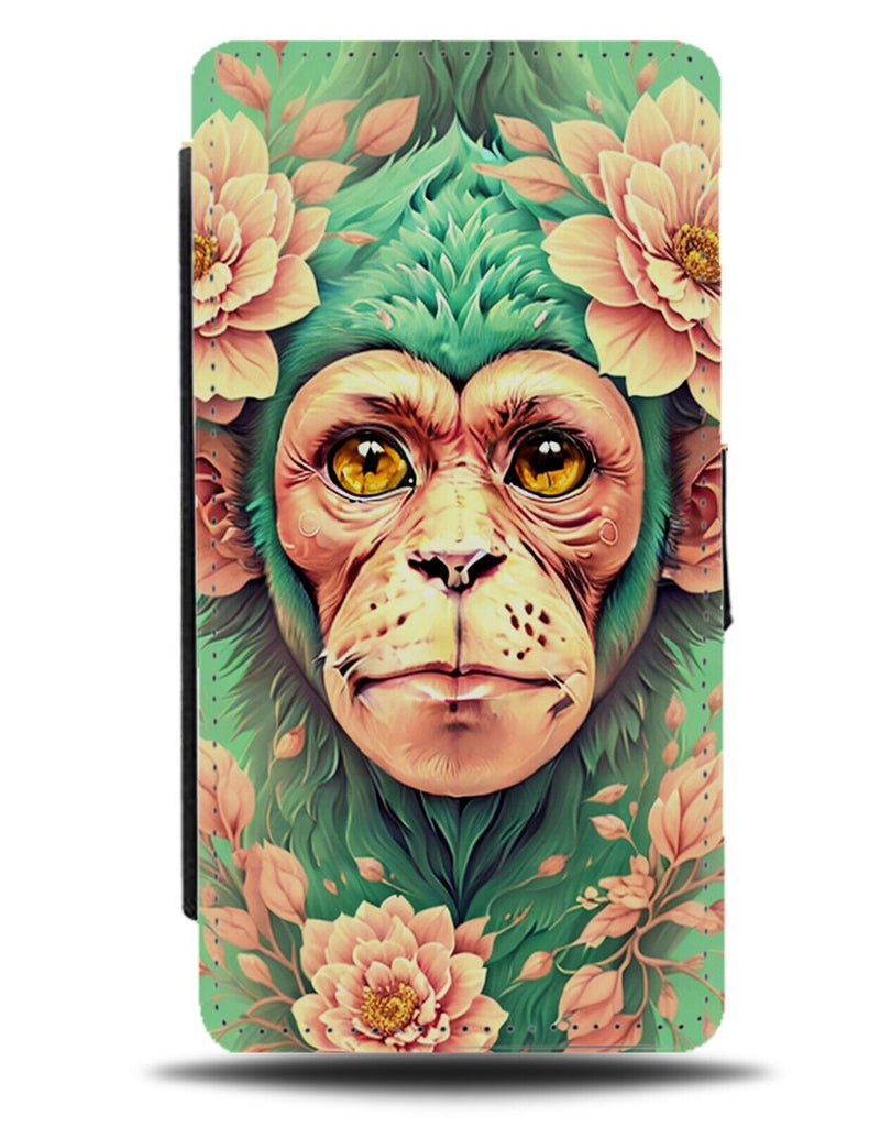 Green Floral Monkey Face With Pink Roses Flip Wallet Case Flowers Monkeys CY47