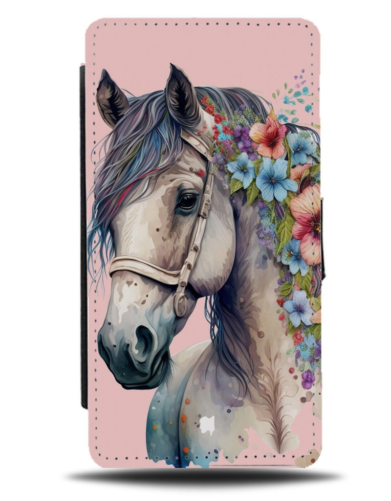 Floral Horse Flip Wallet Case Pink Horses Head Flowers Rein Reins Face Pony AN84